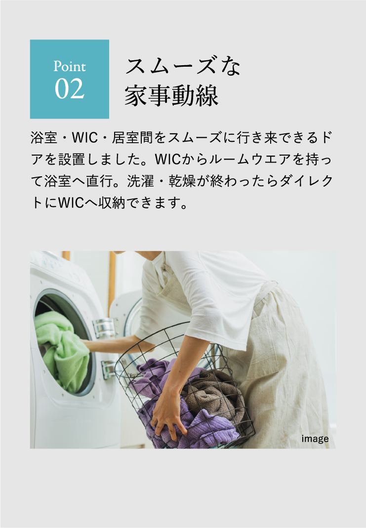 Point 02 スムーズな家事動線 浴室・WIC・居室間をスムーズに行き来できるドアを設置しました。WICからルームウエアを持って浴室へ直行。洗濯・乾燥が終わったらダイレクトにWICへ収納できます。